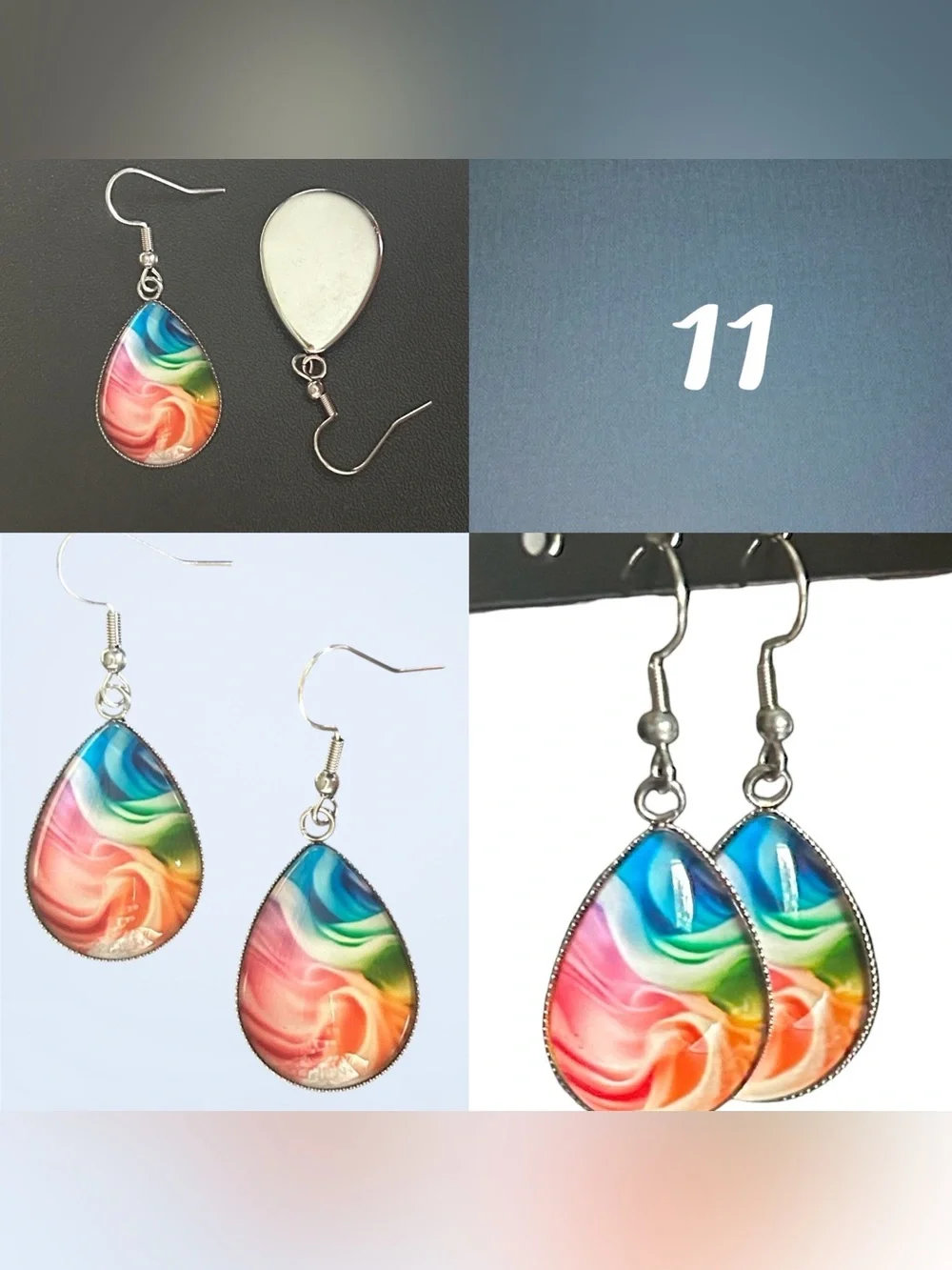 Glass Dome Teardrop Dangle Earrings Floral & Abstract Watercolor Cabochon Design